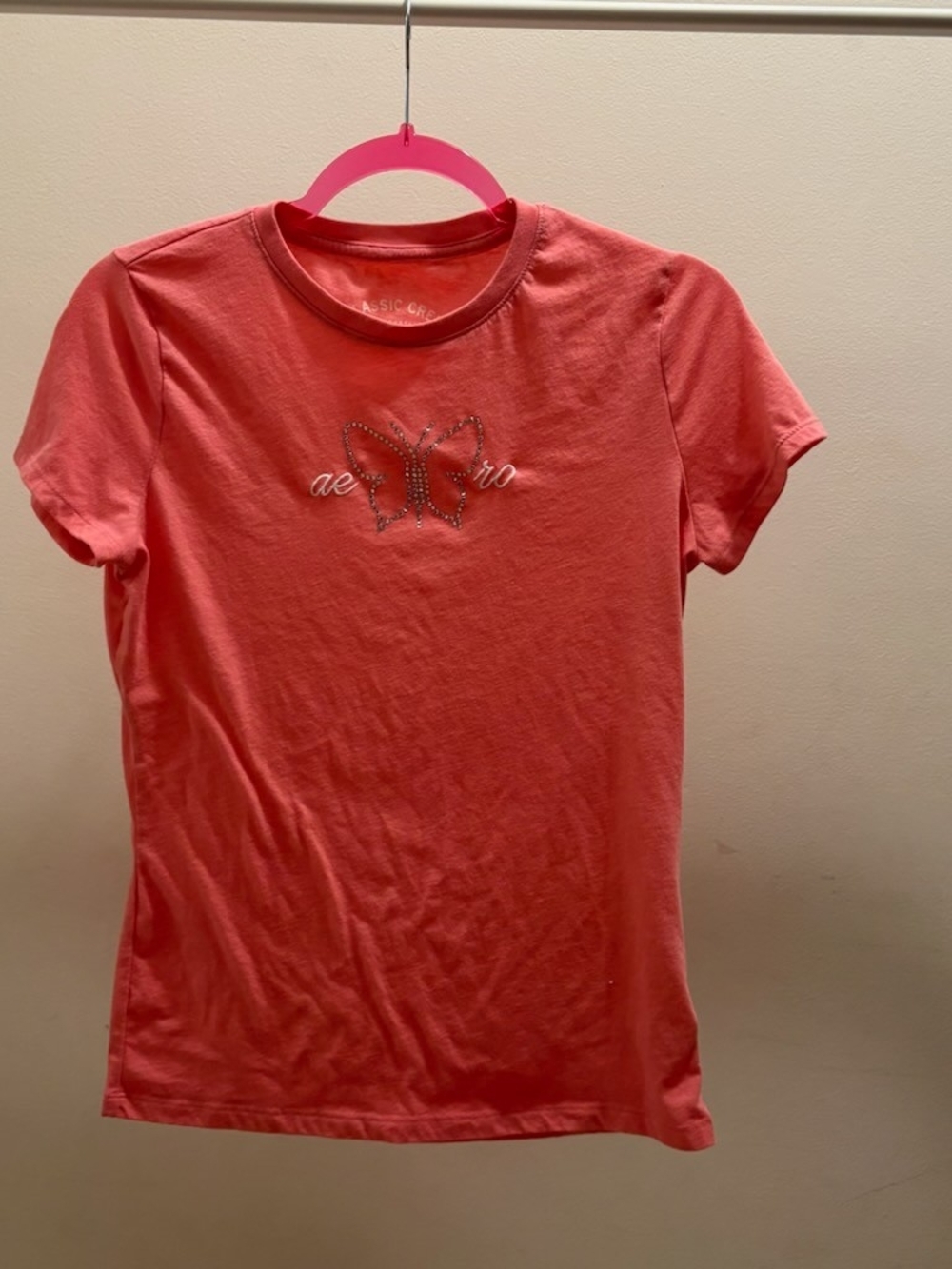 Aeropostale Coral Pink Butterfly Rhinestone Short Sleeve Tee